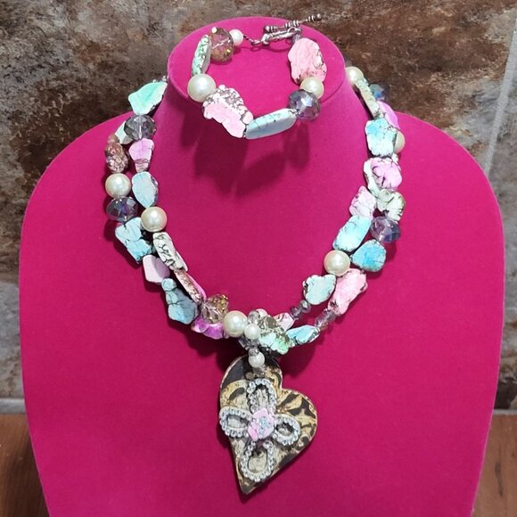 Double Strand Necklace Bracelet Set Double Mixed Pink Turquoise Stone Beads Cros